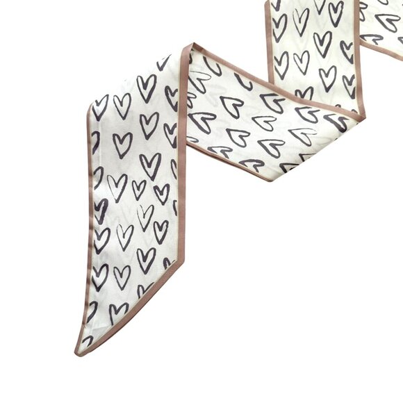 Slim Scarf Heart Print 34in White Brown Sketched Hearts Cute Style Neutral No68 - Picture 8 of 9